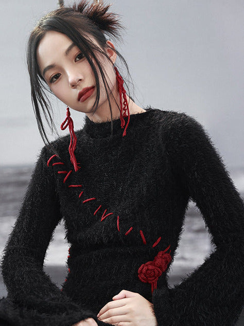 Kontrastkleid Rose Unregelmäßig Rot Strickärmel Dunkel Schwarz Glocke