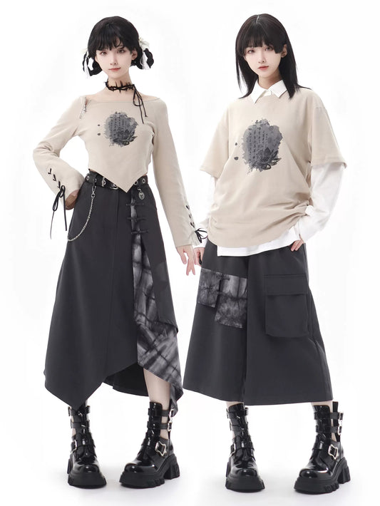 Lace-up + Sleeve + Top Skirt Pants Beige Irregular Wide