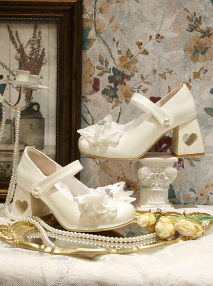エレガントなフレンチスクエアレースリボンシューズヒールトゥロリータラブ