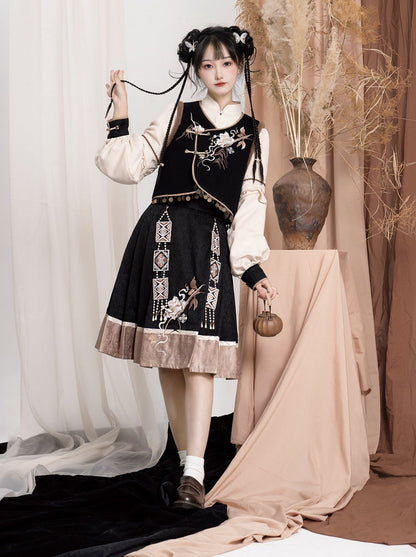 エキゾチックプラスブラウスベストフラワースリーブバッグショルダーバルーンフレアスカート