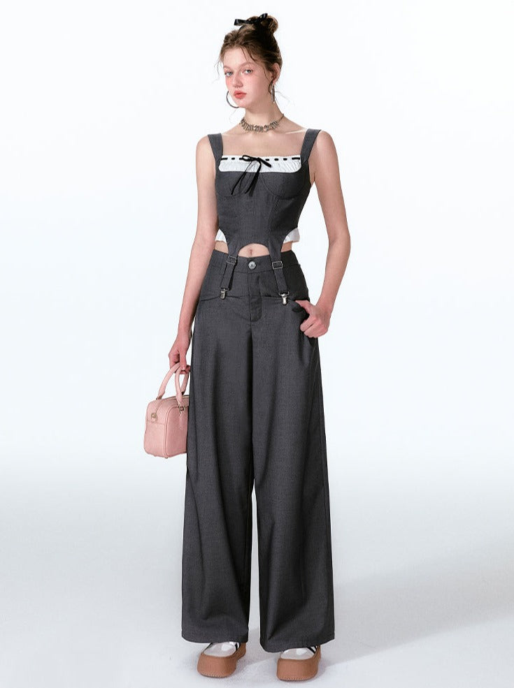 Wide Two-piece + Design Contrast Faux Vest Mint-cool Pants