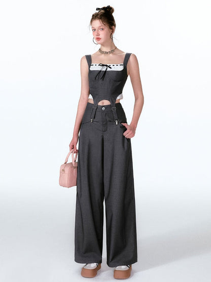 Wide Two-piece + Design Contrast Faux Vest Mint-cool Pants