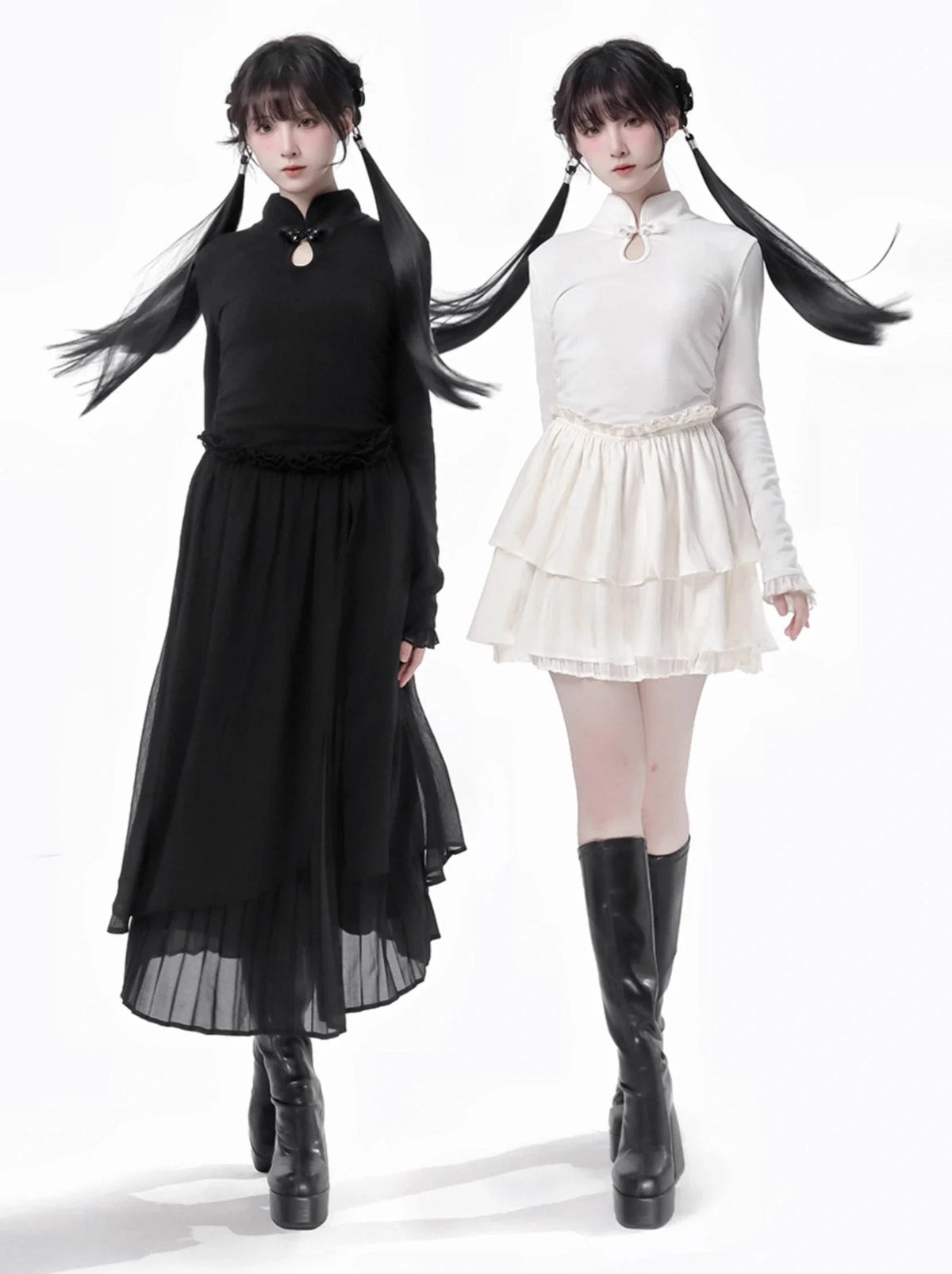 China Hoight Black Knit Springing Waist Frill Turu Dress