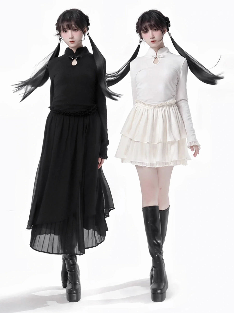 China Hohes schwarzes Strickkleid mit gefederter Taille und Rüschen