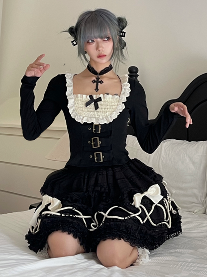 リボンフィットフェイクリベットトップツータイトピーススリム