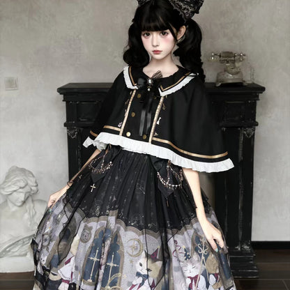 Front view of Cat Choir white-lace cape over the printed JSK dress