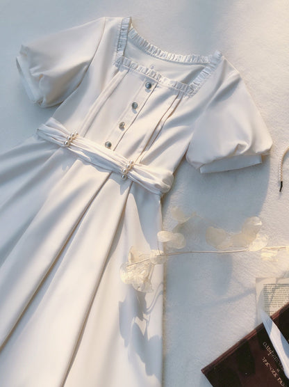 Satin Collar Square Apricot + Belt Retro Pearl Dress French