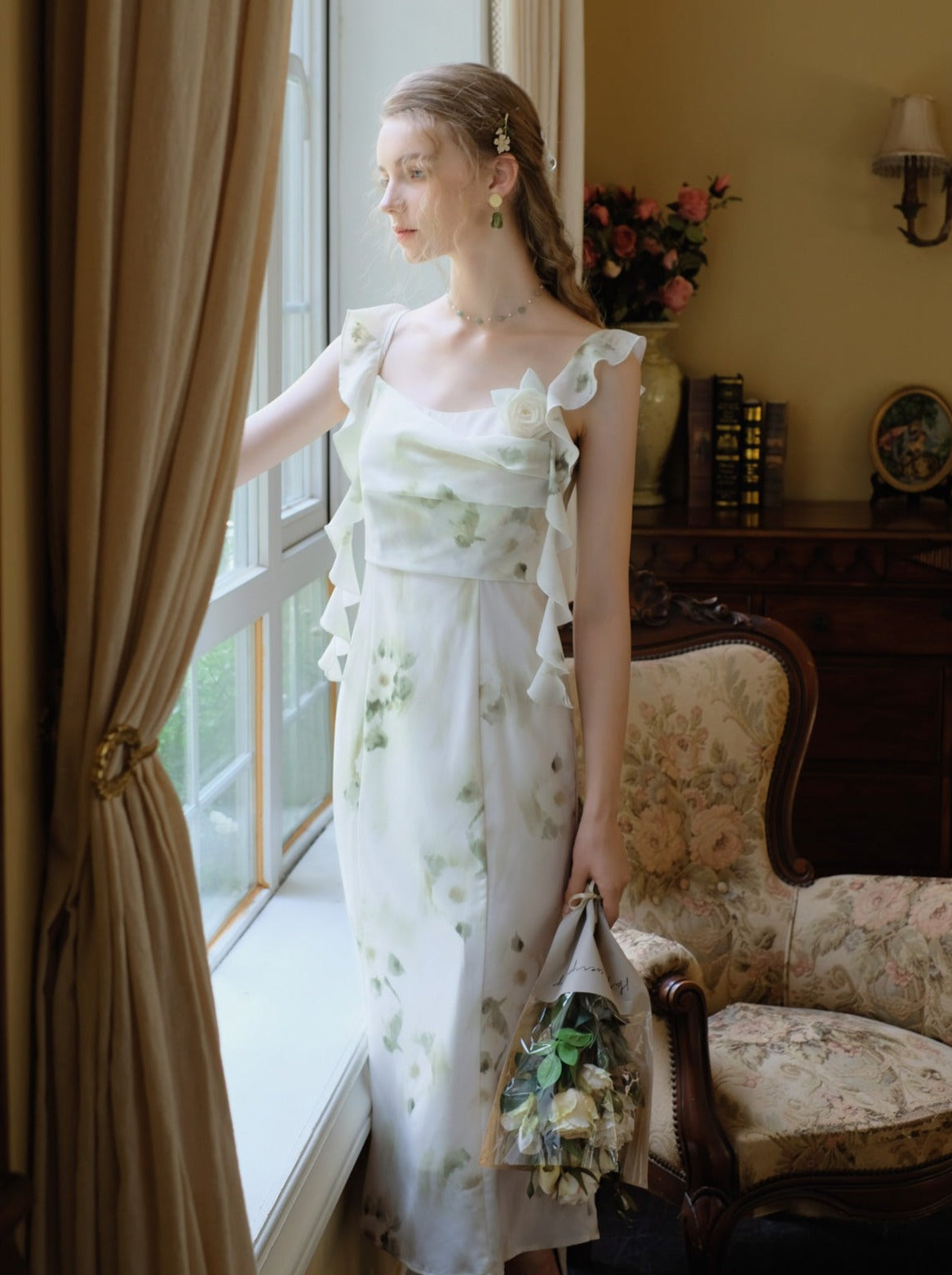 スカートトップ グリーン キャミソール フラワー シアー + シフォン