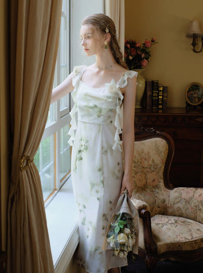 スカートトップ グリーン キャミソール フラワー シアー + シフォン