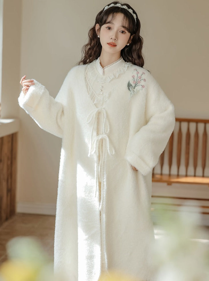 Rüschen-Gartenkleid-Cardigan, ausgestellt, Milchweiß + lang