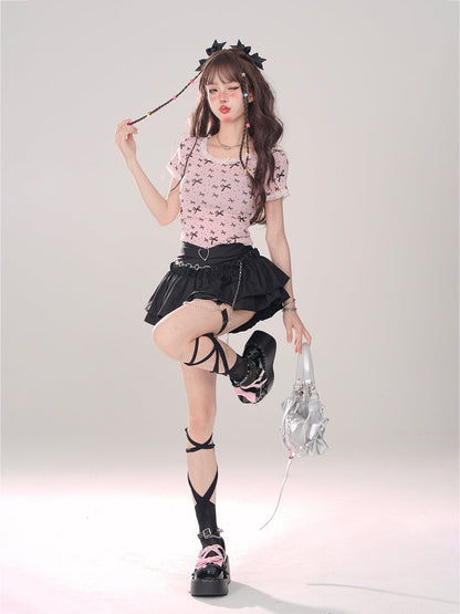 Lace Ribbon T-Shirt Girly Slim