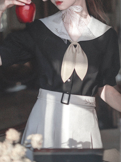 プリーツバニーエレガントネクタイ + レトロな耳パフフレンチスリーブボックスセーラーシャツ + スカートカラー