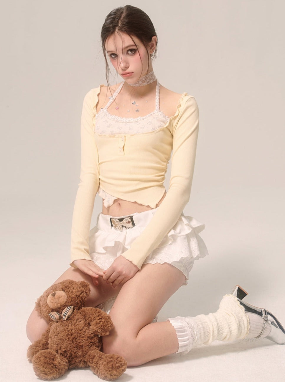 ミルキーフェイクピースクリームアイホルターツートップネックイエロー