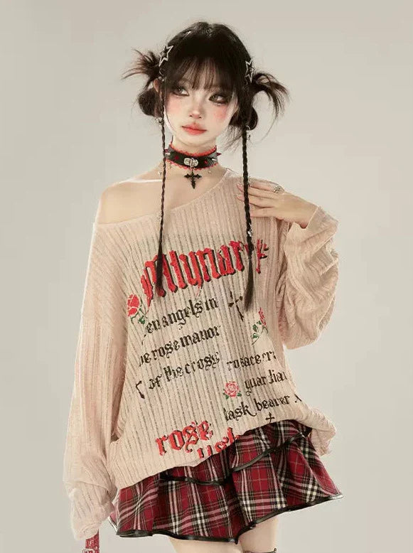 ニットアプリコットTロングプリントレターオフショルダーレイジー