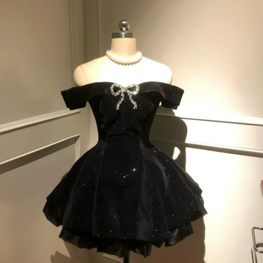 Black Swan Velvet Princess Dress - Bow Waist Ball Gown (S-XL)