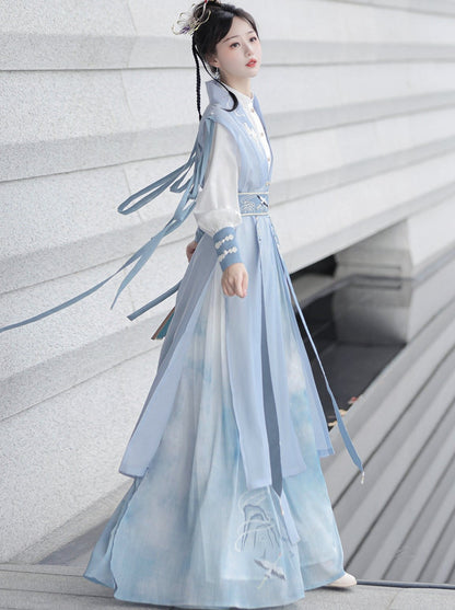 Light Vest Long Design + Blouse China China Belt + Blue China Tassel Skirt