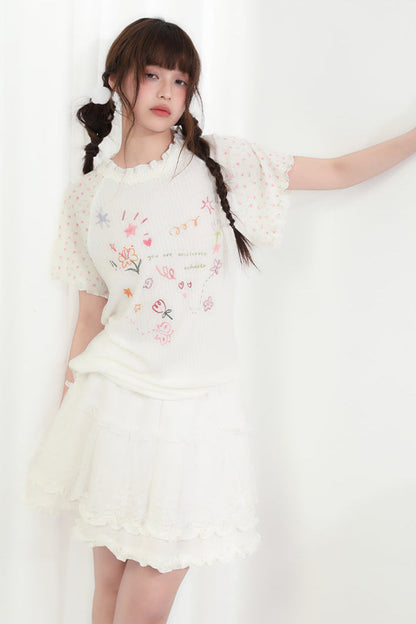 ラウンドネックハートフローラルトップス