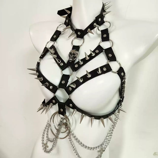 Punk Gothic Rivet Leather Chain Chest Strap Leather Corset