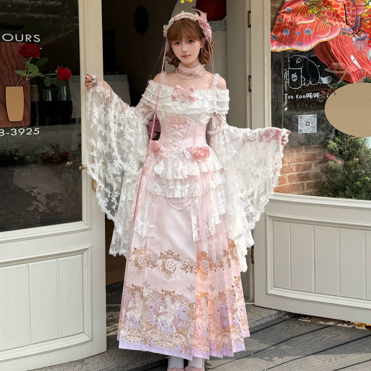 Pink Mist corset and unicorn mamian skirt model outfit