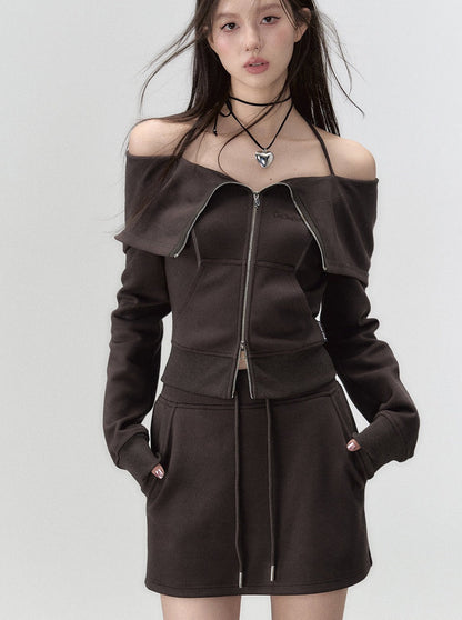 Off-Shoulder + Träger-Sweatshirtrock mit Reißverschluss