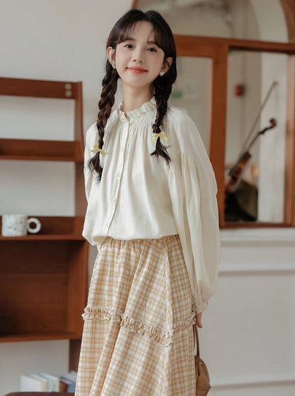 シャツネックハイリネンランタンスリーブ