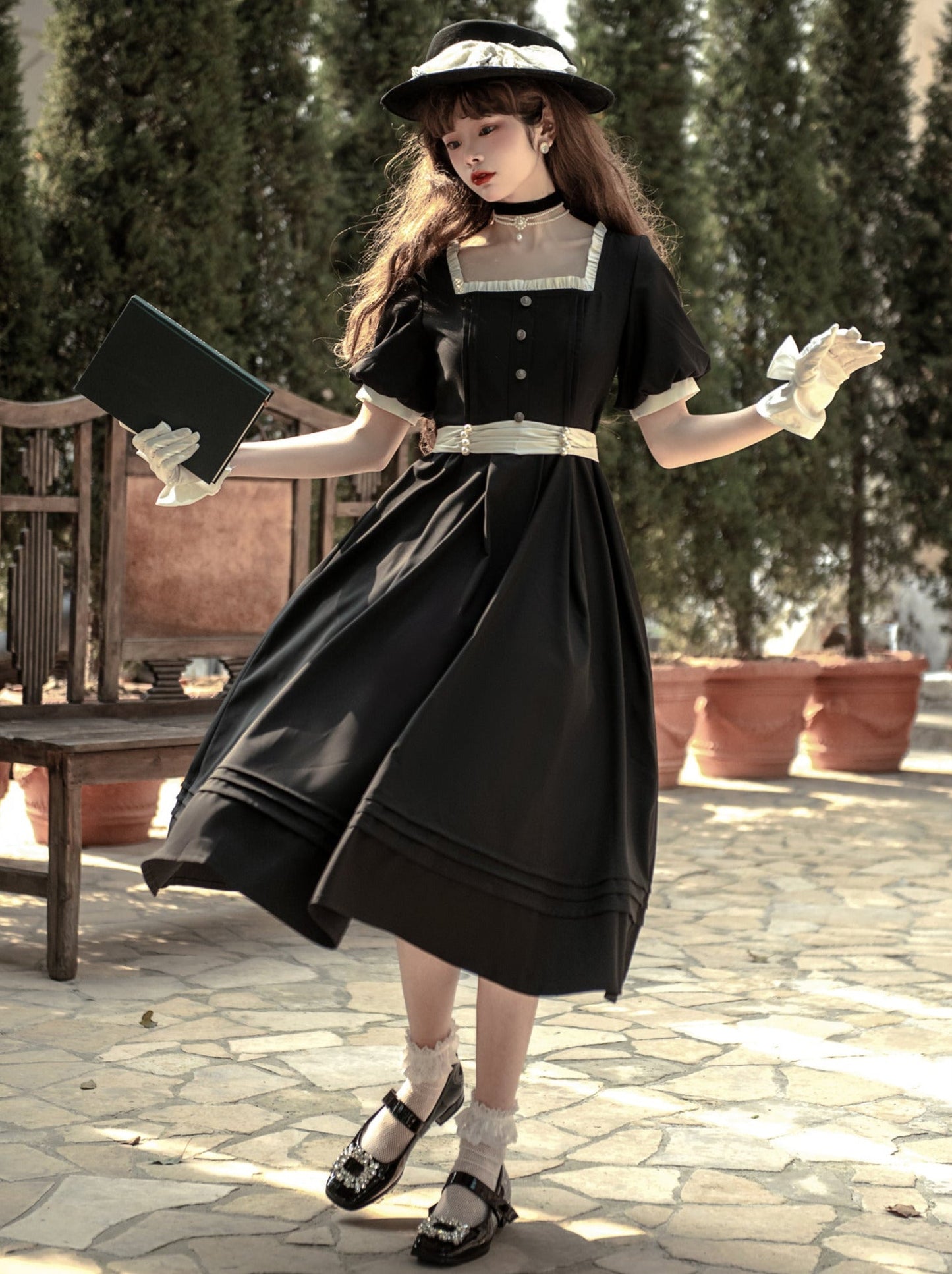 Black Necklace Pearl Dress Retro Ribbon Square French Ribbon Waist + Catsuit Black Collar