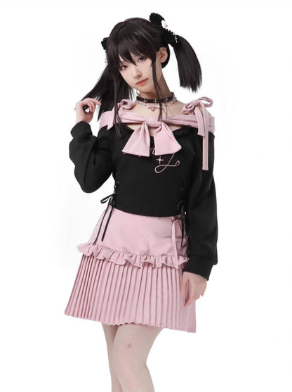 Knit Pink Ribbon + Straps Black Off-Shoulder Top