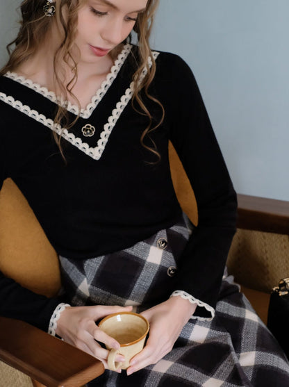 Retro French Top V-Ausschnitt Spitze