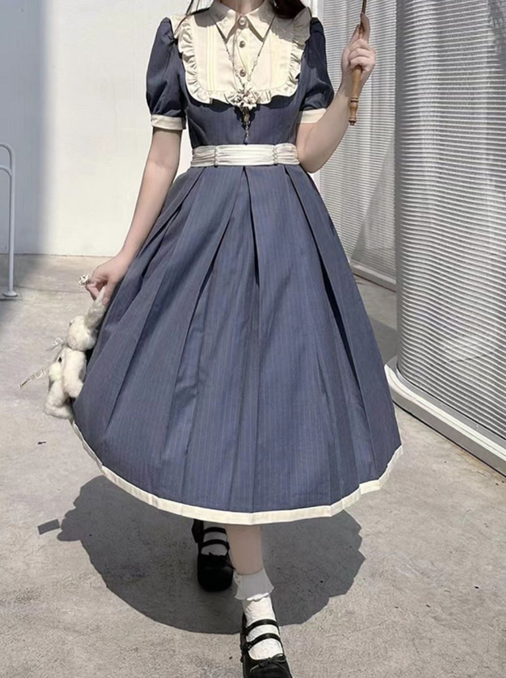 Retro Taillenkragen Sommergürtel Weißes Kleid Rüschen