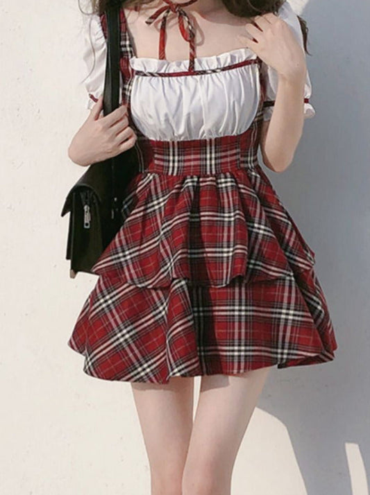 Hose Puff Scottish + Choker Ribbon Puffärmel Cake + Kariertes Kleid Rot