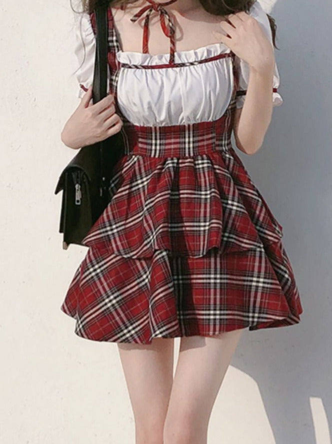 Hose Puff Scottish + Choker Ribbon Puffärmel Cake + Kariertes Kleid Rot