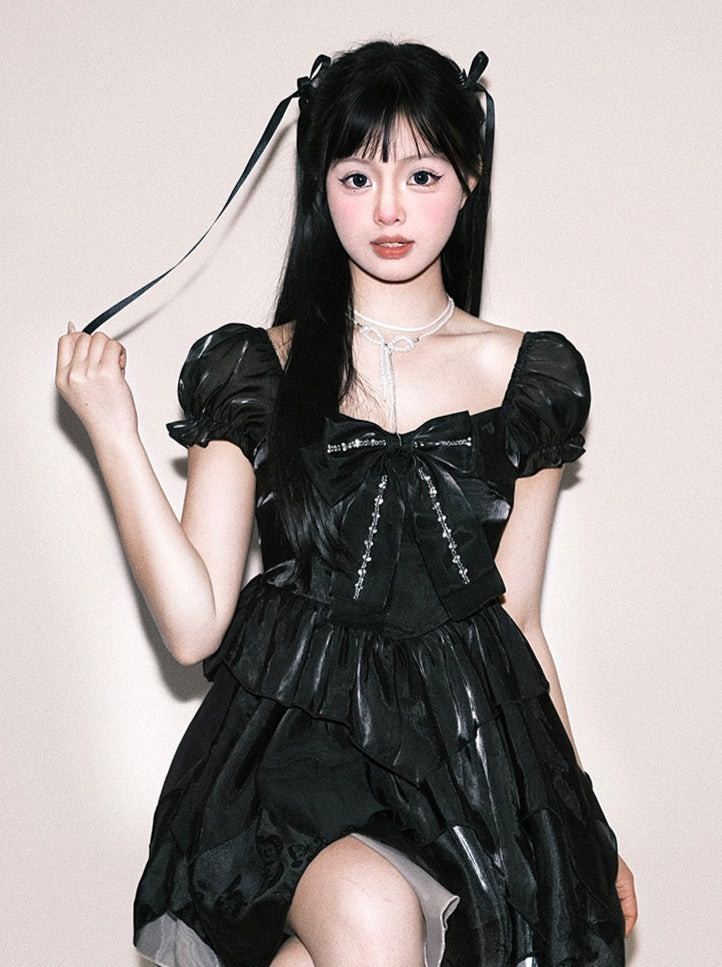 ノースリーブボウブラックパフリボンドレス