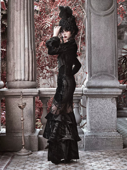 Mermaid Dutchess Gothic Hugging Hip Transparenter Samt-Spitzenrock