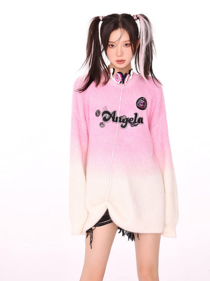 アメリカングラデーション染めロゴピンクアンジェラタイセーター