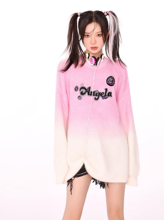 アメリカングラデーション染めロゴピンクアンジェラタイセーター