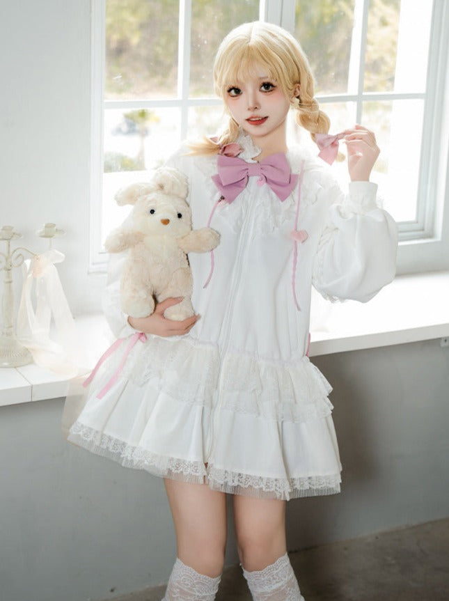 Bow Frilled Big Hooded Girly Long Bunny Dress Ears