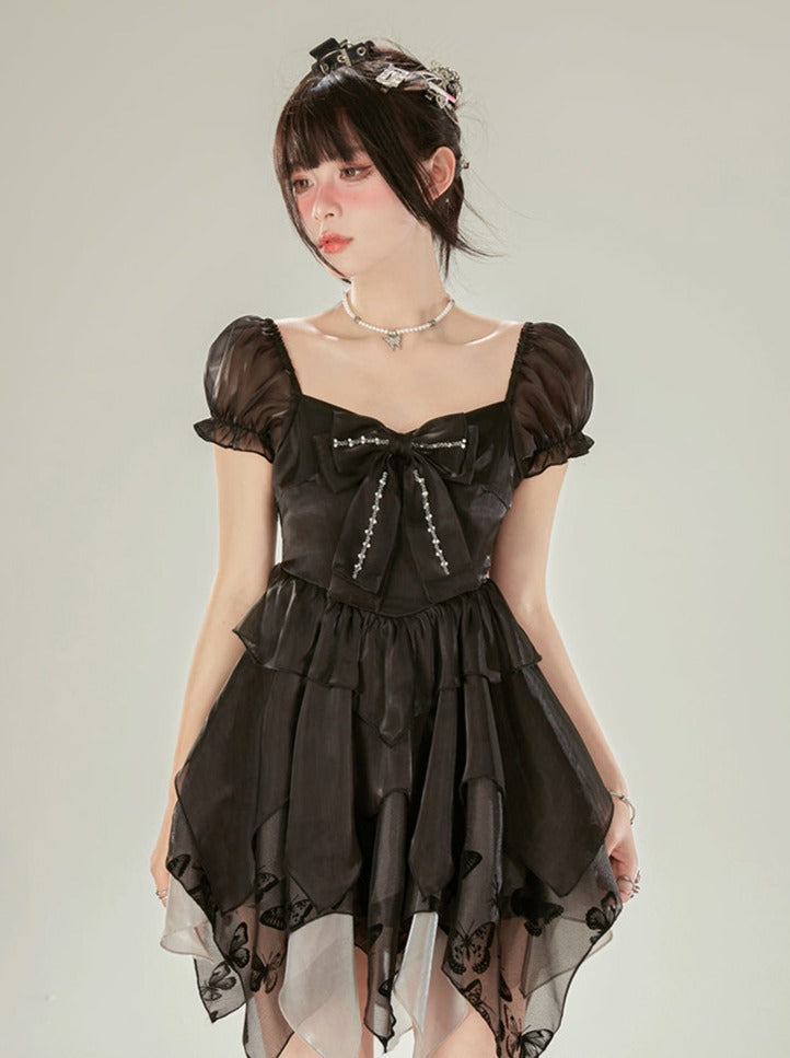ノースリーブボウブラックパフリボンドレス