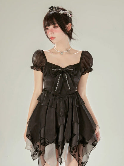 ノースリーブボウブラックパフリボンドレス