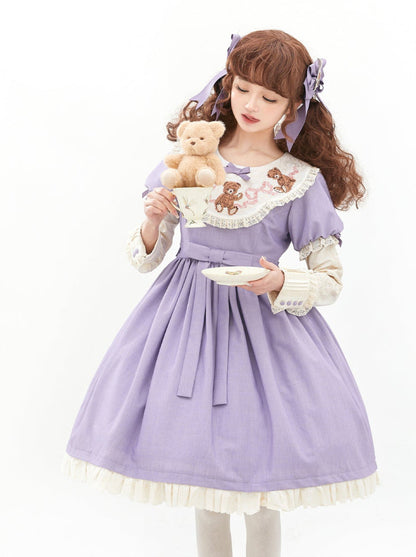 ロリータテディベアフラップレースパフスリーブリボンデレス