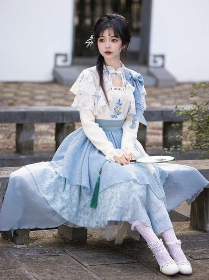 中国風フェイクイレギュラー刺繍ツーピースドレス