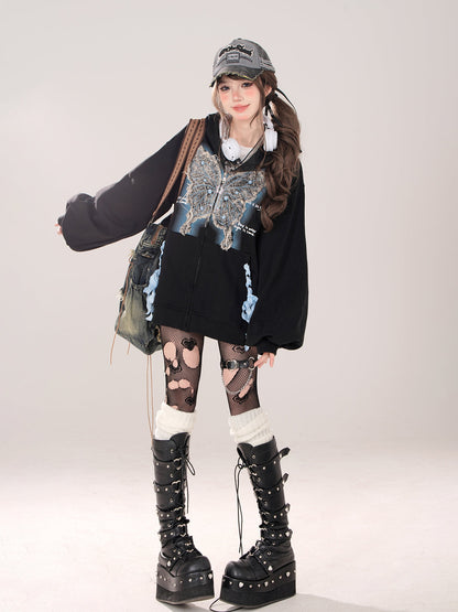 Sweatshirt Zip Butterfly Street Loose Hoodie American Jacket