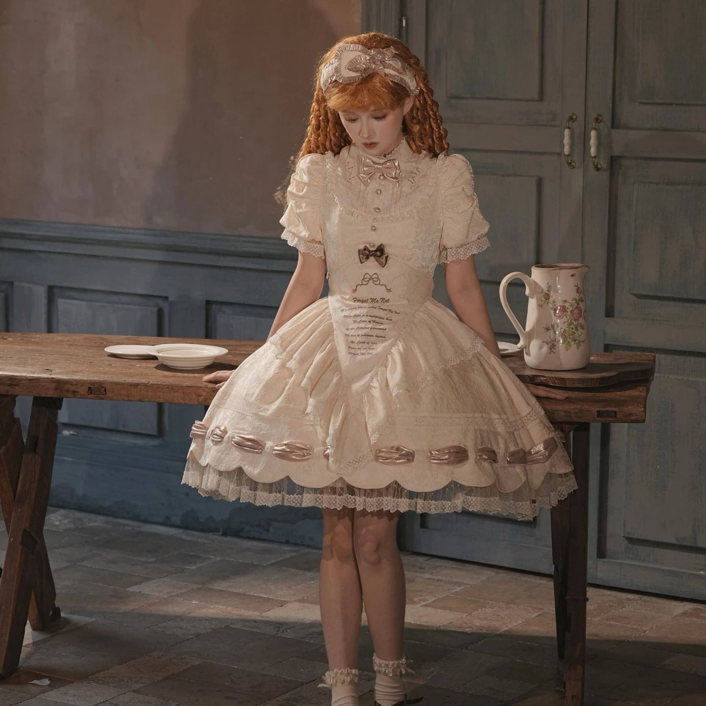 Dream Poem Sweet Classic Lolita OP Dress with Apron Two-Piece