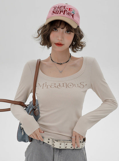 Milk T Long U-Neck Print Logo Tea American