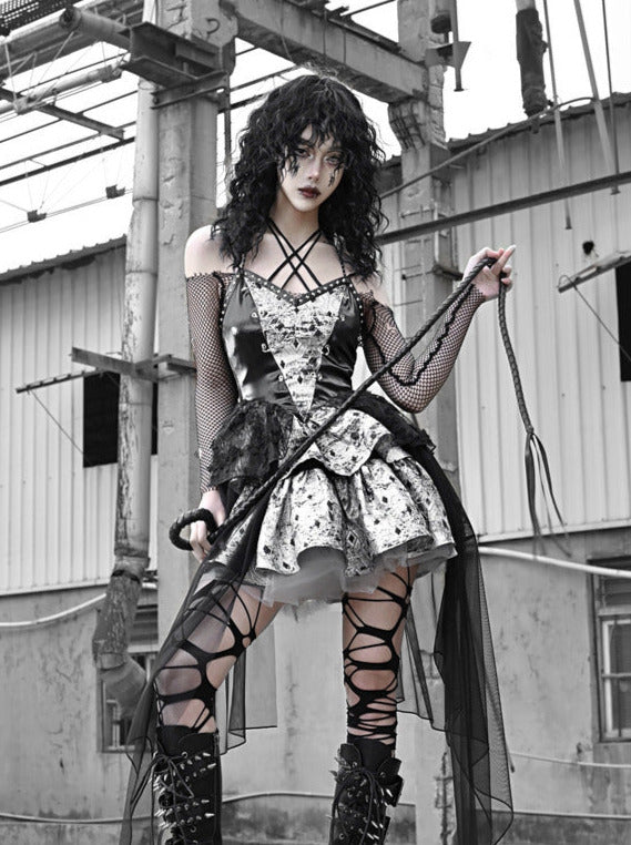 PUサスペンダーパンクホルターネックメッシュメタリックオフショルダーチュール+トップドレスシアー