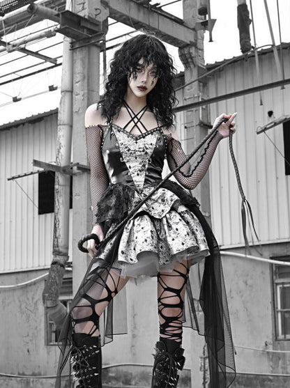 PUサスペンダーパンクホルターネックメッシュメタリックオフショルダーチュール+トップドレスシアー