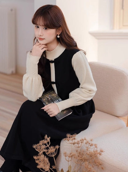 Stück Kragen Hohe Kleid Halb Zwei Kontrast Faux