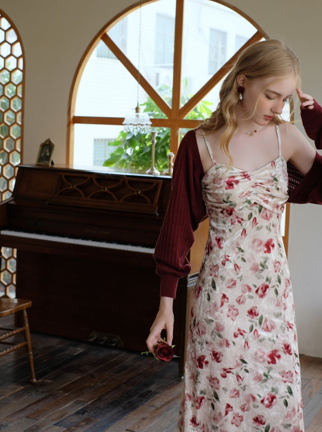 レトロドレス フラワーサスペンダー チェリーレッド