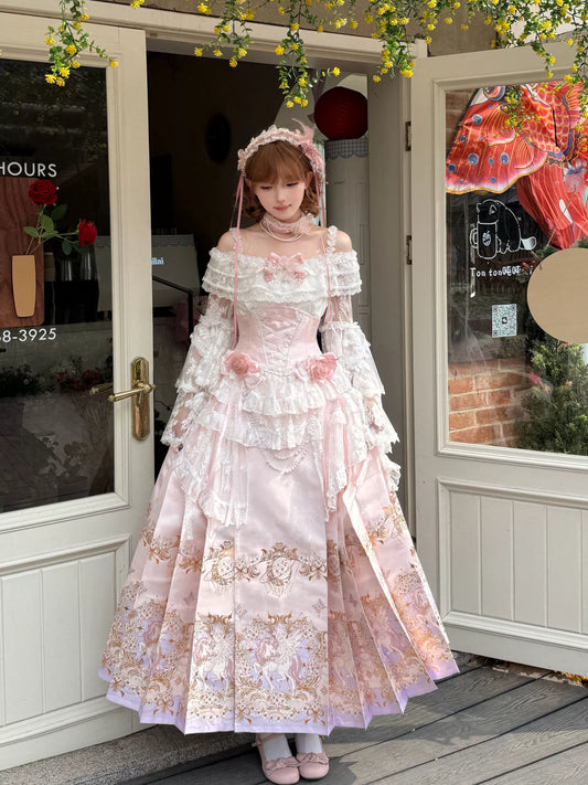 Miaojian Molly Manor pink unicorn mamian skirt with ivory lace blouse