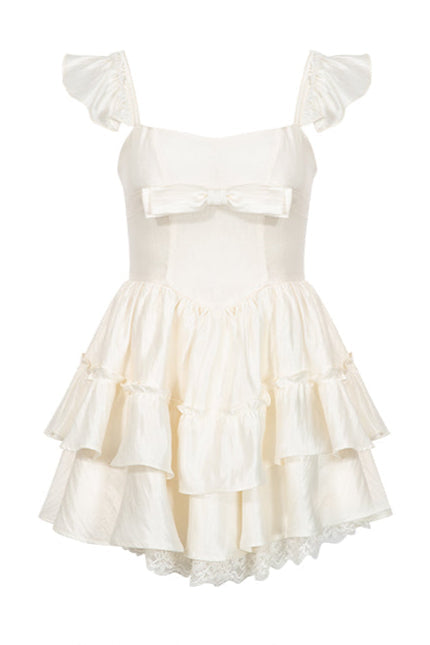 Fliegendes Cremefarbenes Kleid mit Spitzenärmeln und Puffärmeln