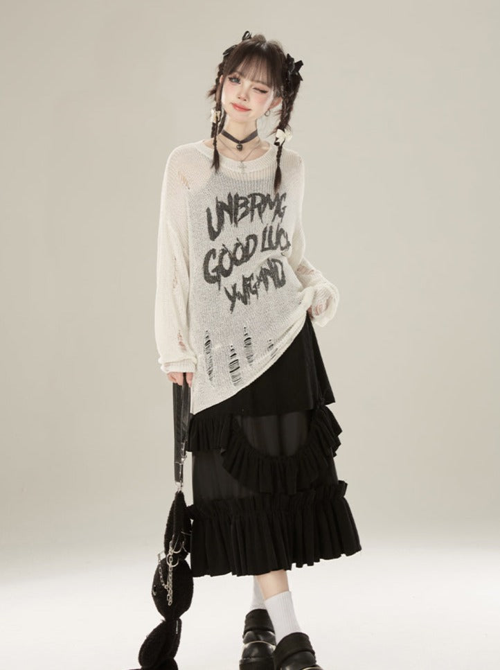 Damaged Knit Logo Round Neck Sheer